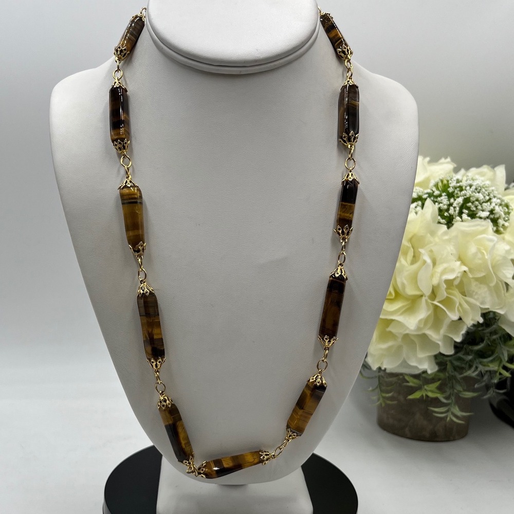 Vintage Polished Flash Brown Tiger's Eye Barrel gemstone Station Necklace